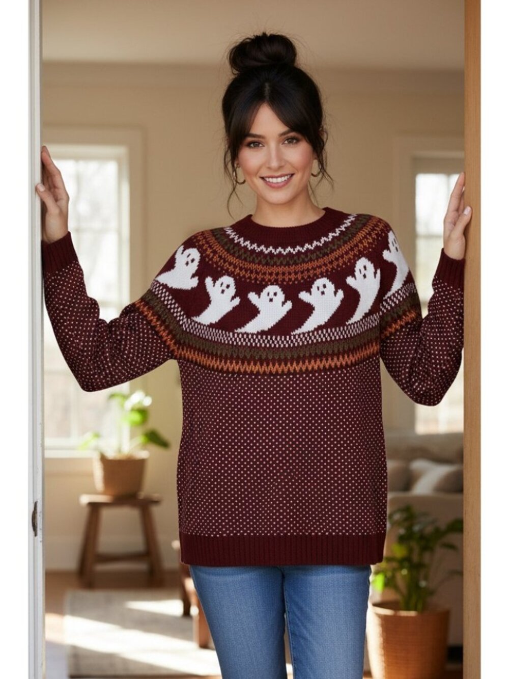 Ghost Fair Isle Nordic Crew Neck Top Long Sleeve Halloween Pullover Knit Sweater
